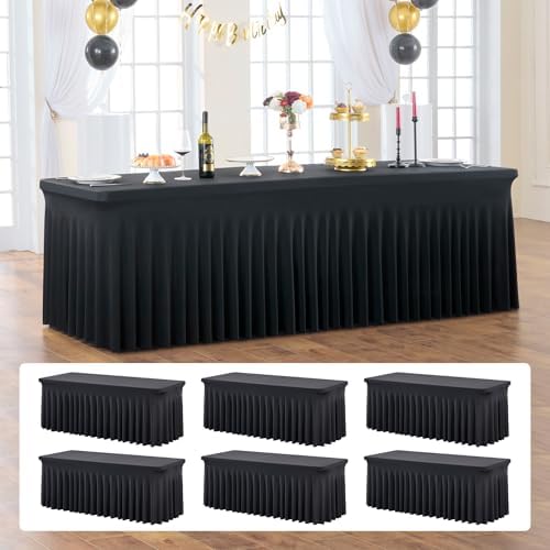 6 Pack Black Fitted Spandex Table Cloth Rectangle 8ft, Wrinkle Free High-Stretch Skirted Tablecloths for 8 Foot Rectangle Tables, Decor Parties Weddings Birthday Banquet Spandex Table Cloths Cover by ENJOYYOURPARTY