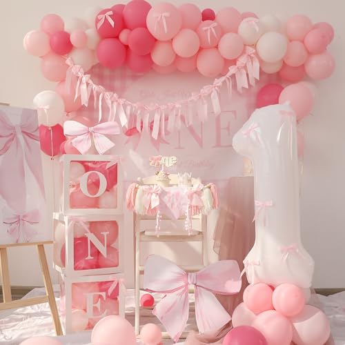 Pink Bow Birthday Decorations Girls Just Wanna Be One First Birthday Pink White Balloon Arch Backdrop High Chair Banner Balloon Boxes Crown Hat For Baby Girls by HODIHIWI