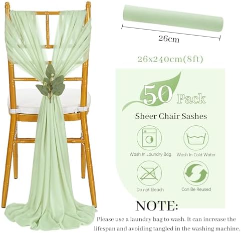 QueenDream Sage Green Wedding Chair Sashes: 50PCS Tulle Church Chairs Cover Sheer Chair Bows Aisle Drapes Party Decorations Champagne - Image 5