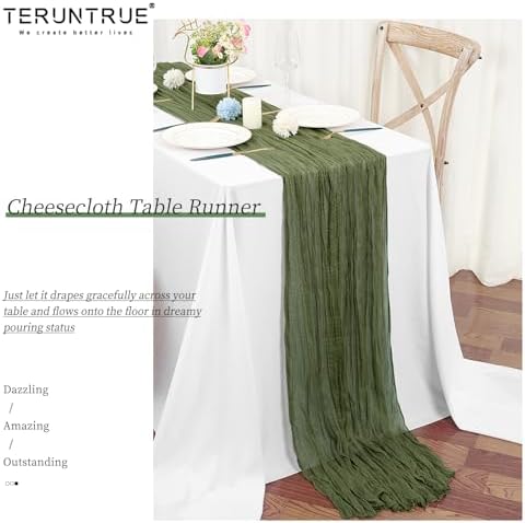 Teruntrue 20 Pack Olive Green Cheesecloth Table Runner 17x108 Inch, Boho Gauze Sheer Fabric Cheese Cloth Table Runners for Wedding Party Bridal Shower Baby Shower Birthday Home Decor Garden Farmhouse - Image 5