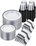 BESTSTAR 700PCS Clear and Black Disposable Plastic Plate Set for 100 Guests by BESTSTAR