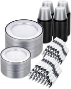 BESTSTAR 700PCS Clear and Black Disposable Plastic Plate Set for 100 Guests by BESTSTAR