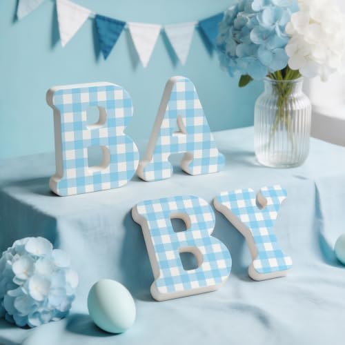 4 Pcs Blue Plaid Baby Shower Decorations Wooden 3D Baby Letters, 6 inch Blue Gingham Theme Wooden Blocks for Party Decor, Rustic Centerpiece for Gender Reveal Birthday Nursery Decor - Image 4