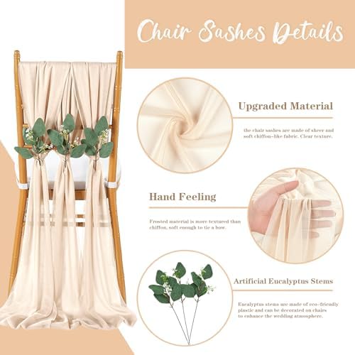 QueenDream Champagne Chair Sashes Wedding Chair Decorations: 50 Packs 8ft Sheer Bows Designed ChairSashes for Baby Shower Banquet Hotel ChairsDecor - Image 4