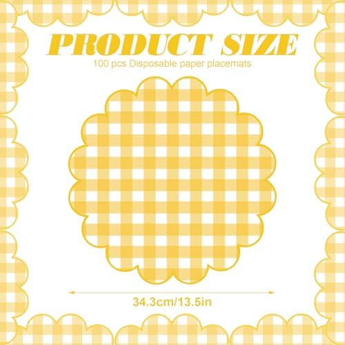 100Pcs Checkered Paper Placemats Yellow Gingham Place Mats 13.5 Inch Disposable Round Decorative Dining Table Mat with Scalloped Edge Paper Cutouts Decor for Wedding Baby Shower Table Party Supplies - Image 2