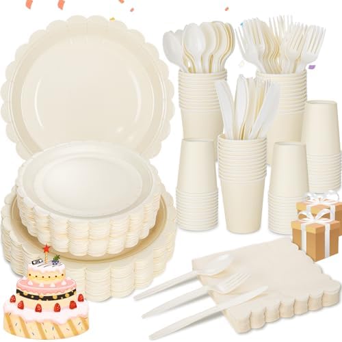 LIYH 350 Pcs Ivory Paper Plates and Napkins 50 Guest Cream Party Supplies Include Ivory Scalloped Disposable Paper Plates Cocktail Napkins Cups Spoons Forks Knives for Baby Shower,Birthday by LIYHLoveinyourheart
