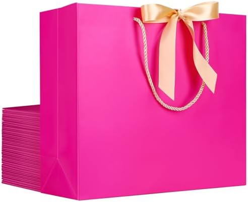EUSOAR Gift Bag Set, 20pcs 12.5"x4.5"x11" Hot Pink Thank You Paper Gift Bags with Bow Ribbon Handle, Gift Wrap Treat Bags Bulk for Wedding Party Favors Grocery Baby Showers Bridesmaid Birthdays by EUSOAR