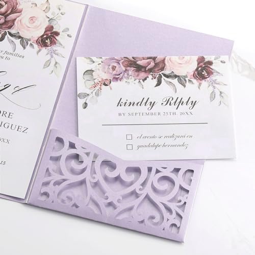 50PCS Purple Laser Cut Wedding Invitations with Envelopes and RSVP Cards - Image 4