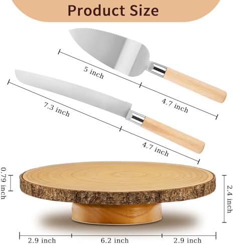 12" Rotating Wood Cake Stand with Cake Cutting Set (Knife and Server) - Rustic Wooden Cake Turntable for Decorating, Party, Wedding, Baby Showers, Reception, Event - Ideal Baking Gift & Decor - Image 6