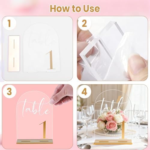 Arch Acrylic Wedding Table Numbers with Gold Font & Stands - 5''x7'' Clear Acrylic Table Number Signs for Wedding Reception, Anniversary, Event & Party Decor (Set 1-20) - Image 4