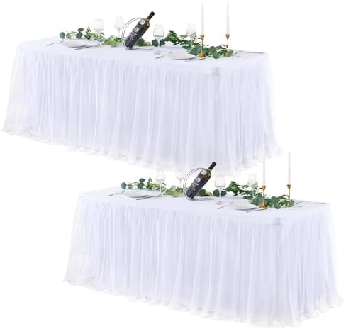 White Table Cloths 8 Foot Rectangle Stretch Ruffle Tulle Tablecloth Spandex Fitted Table Cover for 8 Foot Tables White Tulle Table Skirts Rectangle Tables 8ft Elastic Party Wedding Table Cloths 2Pack by LittleFunny