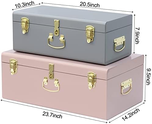 Vixdonos Decorative Metal Box Storage Trunks Set of 2 College Dorm Chest with Lock Hole,23.7X14.2X9.5 Inches(Grey and Pink) - Image 2