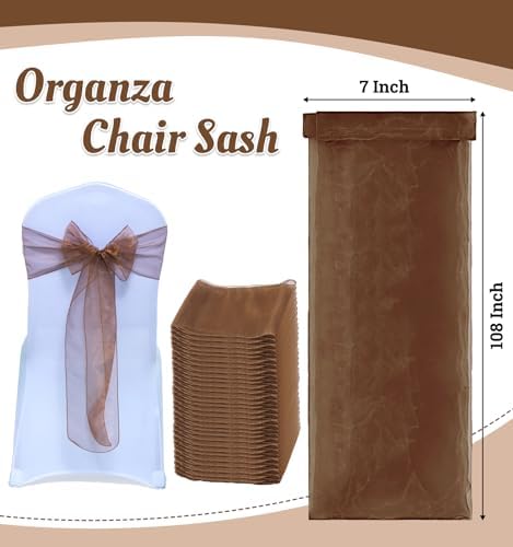 MDS Pack of 250 PCS Organza Chair Sashes Wider Dining Chair Bows Ribbon Tie Back for Wedding Party Birthday Bridal Shower Reception Event Banquet Home Chair Cover Decoration - Coffee - Image 3