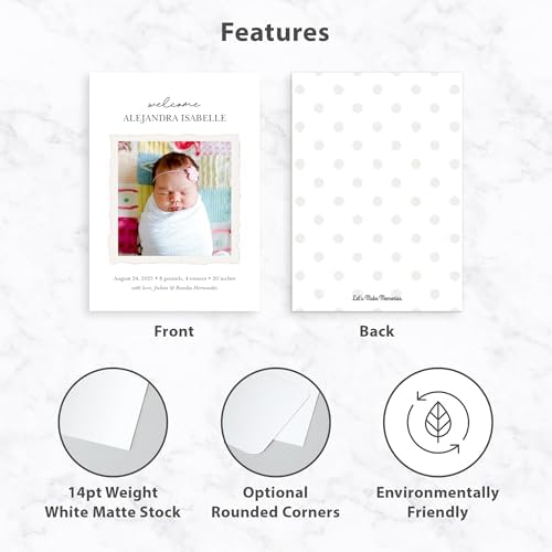 Let's Make Memories Personalized Baby Announcement Cards - Birth, Adoption - Boy, Girl - Premium Quality Custom Photo Cards for Mailing - 5x7 - Includes White Envelopes - Scrapbook - 25 ct - Image 4