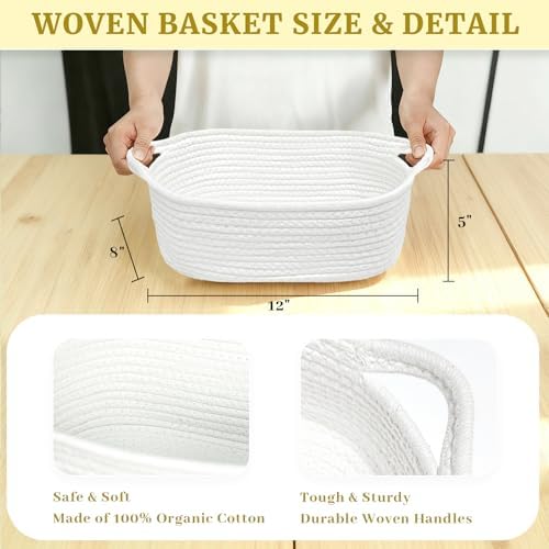 8 Pack Small Woven Baskets with Gift Bags & Ribbons & Cards, Cotton Rope Durable Storage with Handles 12"x8"x5" Empty Gift Baskets for Mother's Day, Baby Showers, Birthdays & Raffle (White) - Image 5