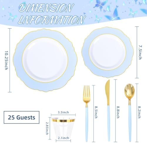 WDF 150pieces Baby Blue Plastic Plates with Gold Rim - Disposable Gold Plastic Silverware With Blue Handle-Baroque Light Blue&Gold Disposable Plates Dinnerware for Wedding/Party/Baby Shower - Image 2