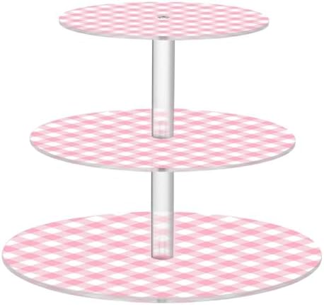 Pink Gingham Acrylic Cupcake Stand 3 Tier, Clear Cake Display Tower with Non-Slip Pads, Cupcake Holder for Party, Birthday, Wedding, Dessert Table by Unknown