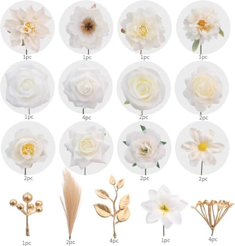 SwanMoon 5Boxs Artificial Flowers Combo Box Set, 33pcs Pure White Flowers Mix Silk Roses & Peony with Stems for DIY Wedding Bouquets, Baby Shower, Party Centerpieces & Home Decor - Image 6