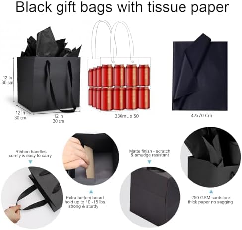 Aosric 12 Pack 12"x12"x12" Black Square Gift Bags with Tissue Paper - Image 3