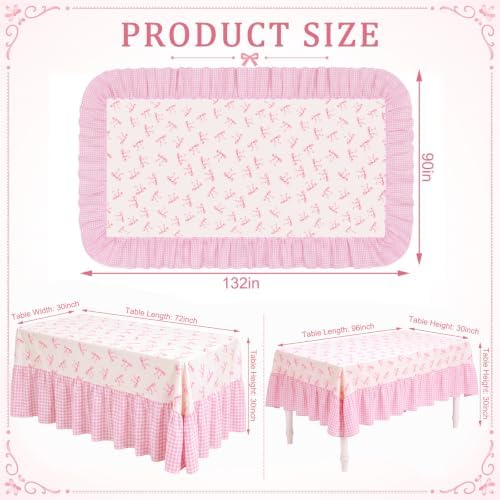 Pink Gingham and Bow Tablecloth Plaid Ruffled Table Skirt, 132 x 90'' - Image 2