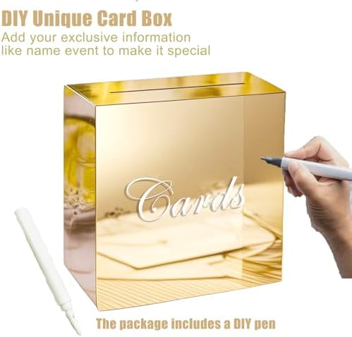Large Gold Mirror Acrylic Wedding Card Box with Slot and Pen, 10x10x5 inch Wedding Receptions Wishing Well Money Box, DIY Card Box for Wedding, Party, Graduation, Bridal Shower, Birthday (Gold Mirror) - Image 5