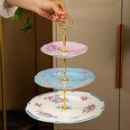 3 Tier Cupcake Stand, Bone China Tiered Tray Stand, Floral Dessert Cake Stand, 3 Tier Serving Tray with Gold Rod and Gold Trim, Porcelain Cupcake Tower Stand for Tea Party Birthday Party - Image 6