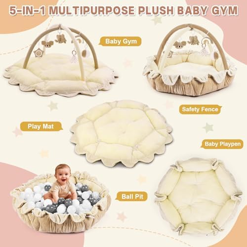 5-in-1 Baby Activity Gym & Play Mat with 6 Hanging Toys, Tummy Time Mat & Cards - Extra Large, Reversible Machine Washable Pad - Gift for Newborns, Infants 0-12 Months, Cream - Image 2