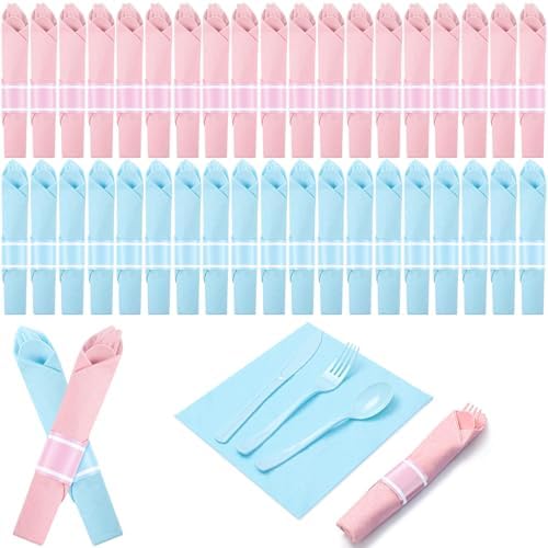 Lasnten 50 Sets Pre-rolled Gender Reveal Cutlery Set with Napkin by Lasnten