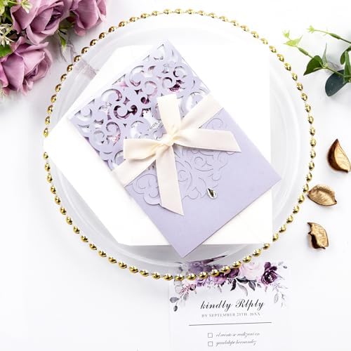 50PCS Blank Wedding Invitations with Envelopes and RSVP Cards Light Purple - Image 4
