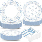 200Pcs Blue Bow Baby Shower Party Decorations Bowknot Birthday Tableware Dinnerware Set Scalloped Paper Disposable Plates Napkins for Baby Shower Bachelorette Engagement Party Supplies Serves 50 Guest by Yiaoyinnz