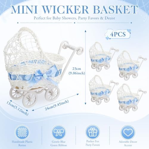 4 Pack Rattan Baby Carriage Baby Shower Table Centerpiece,Blue - Image 2