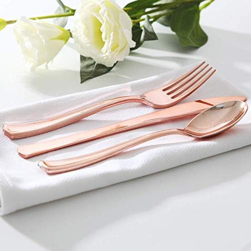 WDF 300 Pieces Rose Gold Plastic Silverware- Disposable Flatware Set - Heavy Duty Plastic Cutlery Includes 100 Forks, 100 Spoons, 100 Knives Perfect for Wedding/Party/Birthday - Image 2