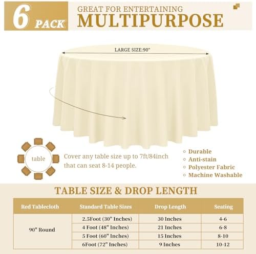 YMHPRIDE 6 Pack Round Tablecloth - Beige Polyester Round Table Cloth, 90 Inch - Washable Fabric Table Covers for Wedding, Party, Dining, Banquet - Image 2