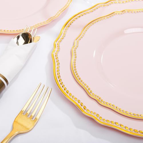 Hioasis 175 Pcs Pink and Gold Plastic Plates Wedding & Party - Image 4