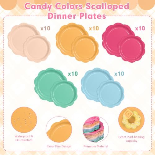 350 Pcs Colorful Party Plates and Napkins Party Supplies Serves 50 Guests Include Candy Colors Scalloped Plate Napkin Cup & Cutlery for Baby Shower, Wedding, Birthday, Bridal Shower - Image 5
