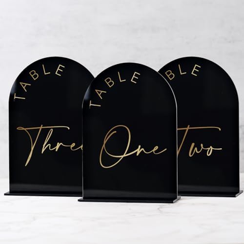 Black Arch Wedding Table Numbers 1-20 with Stands, 5x7 Inch Black Arch Acrylic Sign with Gold Letters, Acrylic Table Numbers for Wedding Reception by JINMURY