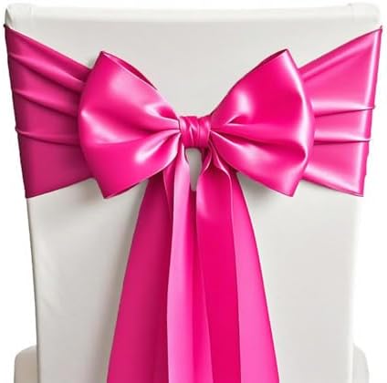 Hot Pink Chair Sashes Bows 50 Pack Fitted Satin Chair Sashes Ribbons 7x108 Inches Chair Ties Bands for Wedding Party Birthday Bridal Shower Baby Shower Decor - Fushia, 50 by SINSSOWL