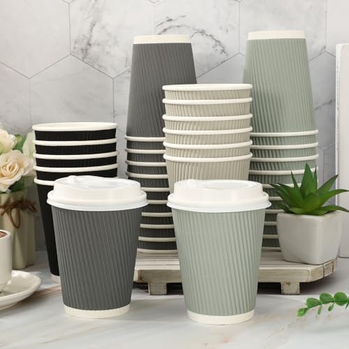 Whaline 100Pcs Gray Disposable Coffee Cups with Lids 12Oz Gray Black Paper Cups Corrugated Ripple Wall Insulated Hot Cup for Home Office Party Supplies - Image 4