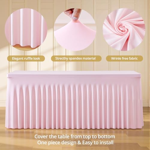 6 Pack Pink Spandex Tablecloths for Rectangle Tables 8 Foot Pink Stretch Table Cloth Rectangle 8ft Elastic Fitted Table Cover with Skirt for Wedding Baby Shower Girl Birthday Party Banquet Buffet - Image 7