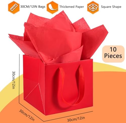 AZOWA Red Square Gift Bags with Tissue - 12 Inch Paper Bags with Handles Birthday Party Favor Christmas Wedding Gift Box Flowers Decoration (10 PCS, 12x12x12 in) - Image 2