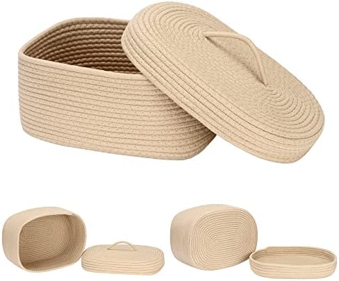 Sea Team Oval Storage Basket, Woven Cotton Rope Basket with Lid, Khaki - Image 5