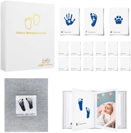 15 Pack Little Lullaby Inkless Milestone Cards Baby Hand and Footprint Kit 12 Months Newborn Memory Book Keepsake Ink Pad for Handprints Footprints (White Box-Blue) by Unknown