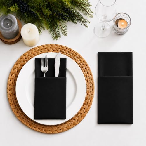 100 Pcs Black Napkins Disposable Linen Feel Dinner Paper Napkins with Built-in Flatware Pocket, Airlaid Paper Pre-Folded Napkins for Silverware Baby Shower Easter Wedding Birthday Party - Image 2