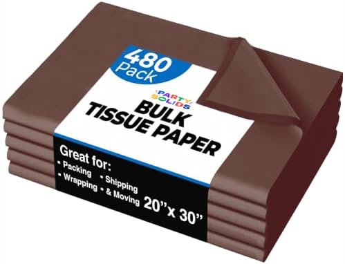 Party Solids Brown Tissue Paper for Gift Bags - 20" X 30" Bulk Tissue Paper Brown 480 Sheets 17 GSM - 10lb Newsprint for Packing, Birthday Gift Box Filler, Packing Supplies & Moving Supplies by Crown+Display
