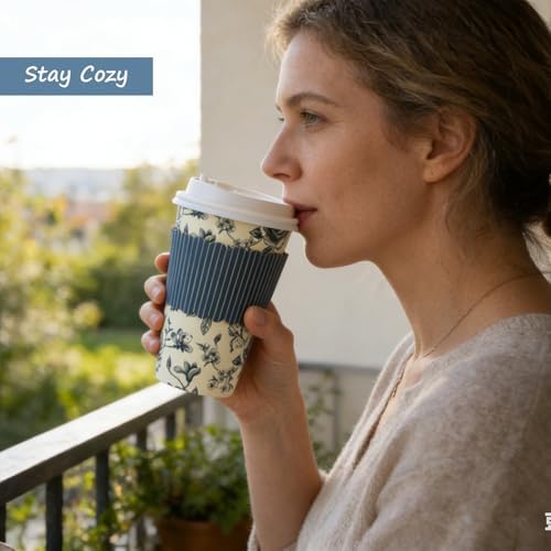 50 Pack 16oz Vintage Blue Floral Disposable Coffee Cups with Lids & Sleeves – Premium Paper for Mother's Day, Wedding, Birthday, Brunch, Cafés,Party Supplies - Image 4