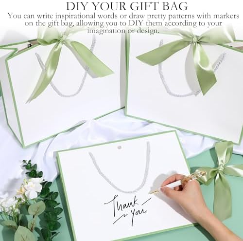 Silkfly 24 Pcs Paper Gift Bags with Handles & Bow Ribbon, White, Sage Green - Image 3