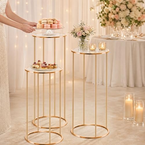 3PCS Round Cylinder Pedestal Stands Set, Gold Metal Display Columns with Removable Acrylic Tops, Sturdy Iron Nesting Risers for Wedding Party Dessert Table, Floral Vases and Event Decor (23.6", 31.5", 39.3" Heights) - Image 5