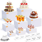 8 Pcs White Buffet Risers with Mini Signs, Nesting HIPS Food Display Stands by Unknown