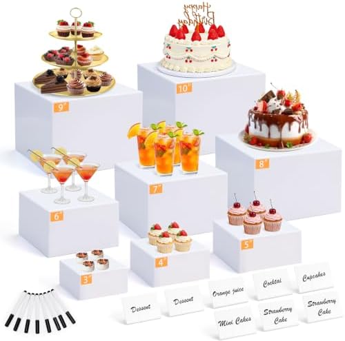 8 Pcs White Buffet Risers with Mini Signs, Nesting HIPS Food Display Stands by Unknown