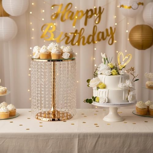 Wedding Cake Stand for Dessert Table 12 Inch Gold Crystal Pendants Metal Cake Stand Serves as A Round Dessert Cupcake Display Plate 16 Inch Tall (Gold) - Image 5
